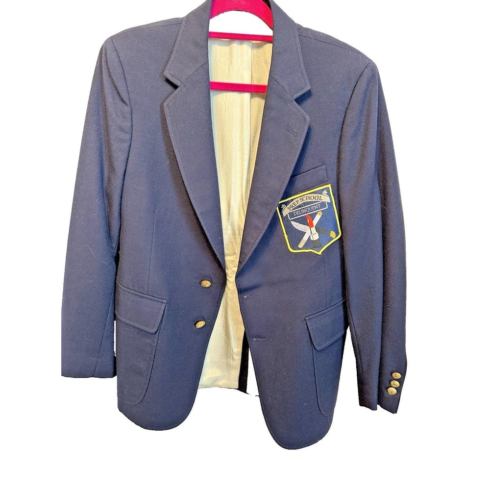 College Hall Pure Wool Blazer Navy Blue Gold Button Prep School Delinquent Patch